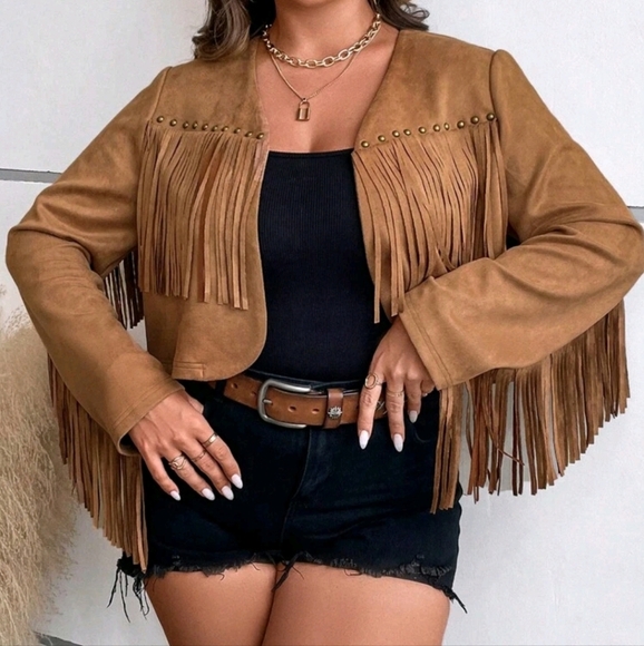 Jackets & Blazers - Plus Size Casual Short Fringe Trim Jacket, Suitable For Everyday Wear